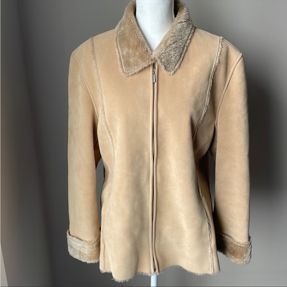 Vintage Y2K Camel Faux Shearling Jacket Fur Lined Coat L